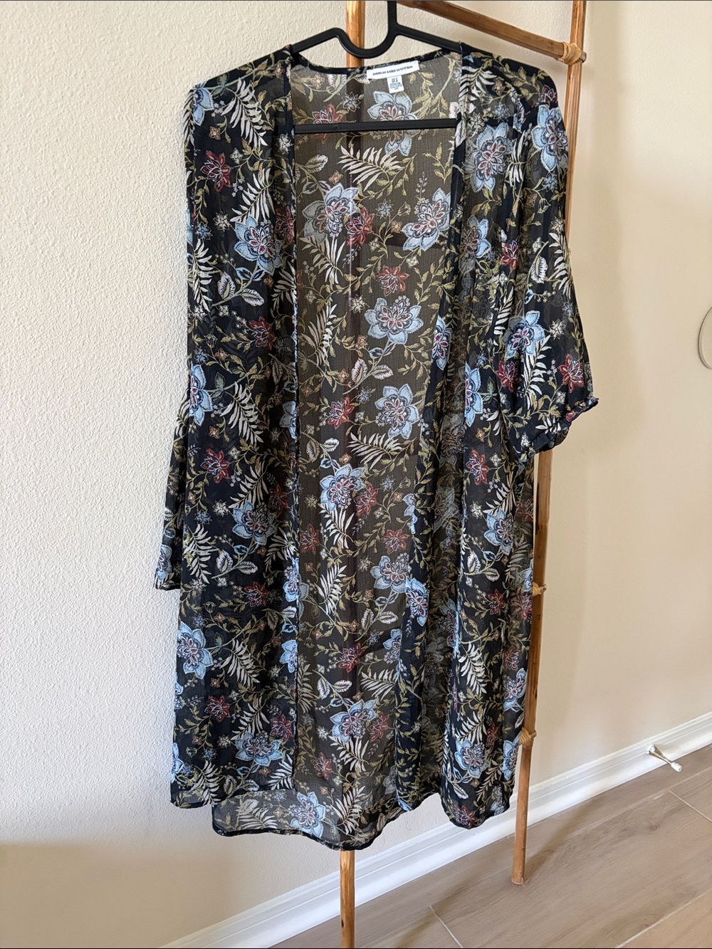 American Eagle Outfitters Black Sheer Floral Long Sleeve Kimono Dress